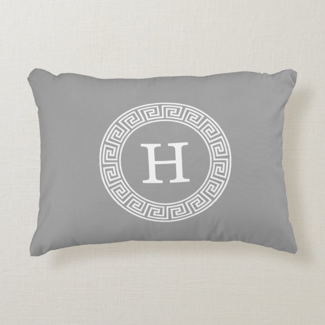 Dark Grey Greek Key Rnd Frame Initial Monogram Decorative Pillow (Front)