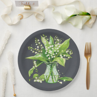 Dark Grey Green Lily of the Valley Shower Paper Plate