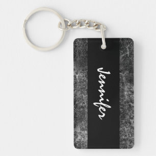 Dark Grey Grunge Damask Custom Name Black White Keychain