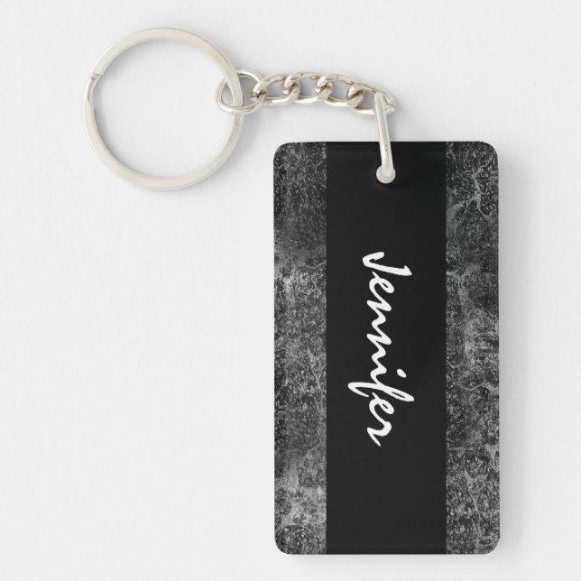 Dark Grey Grunge Damask Custom Name Black White Keychain (Front)