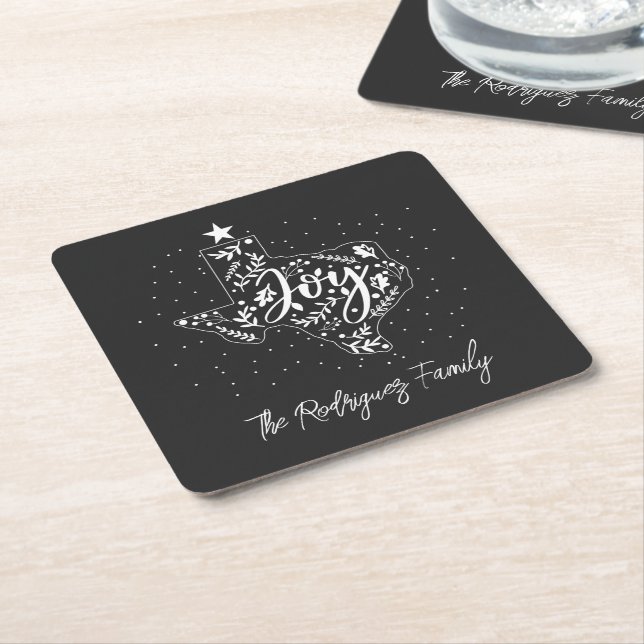 Dark Grey Joy Holiday Leaves Texas Shape Square Paper Coaster (Angled)