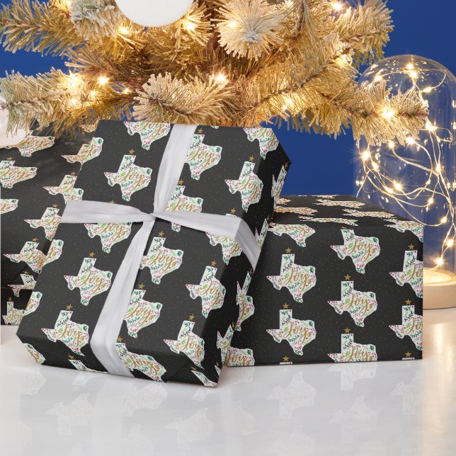 Dark Grey Joy Holiday Leaves Texas Shape Wrapping Paper (Holidays)