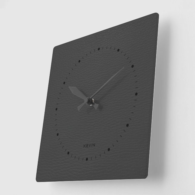 Dark Grey Leather Look Customized Square Wall Clock (Angle)