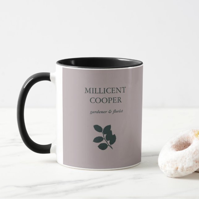 Dark grey leaves silhouette purple mug (With Donut)