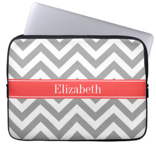 Dark Grey Lg Chevron Coral Red Name Monogram Laptop Sleeve