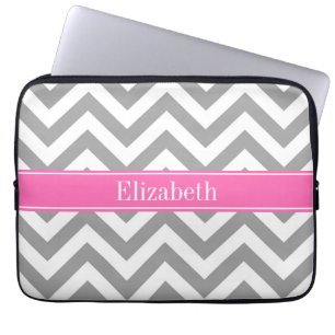 Dark Grey Lg Chevron Hot Pink #2 Name Monogram Laptop Sleeve