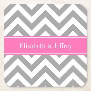 Dark Grey Lg Chevron Hot Pink #2 Name Monogram Square Paper Coaster