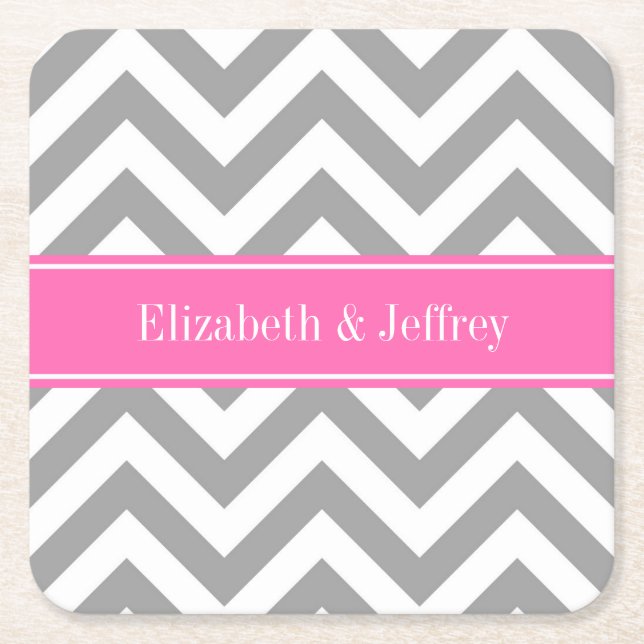 Dark Grey Lg Chevron Hot Pink #2 Name Monogram Square Paper Coaster (Front)