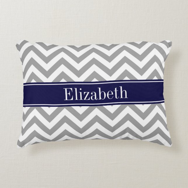 Dark Grey Lg Chevron Navy Blue Name Monogram Decorative Pillow (Front)