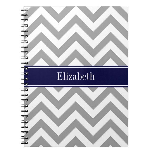 Dark Grey Lg Chevron Navy Blue Name Monogram Notebook (Front)