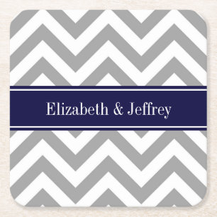 Dark Grey Lg Chevron Navy Blue Name Monogram Square Paper Coaster