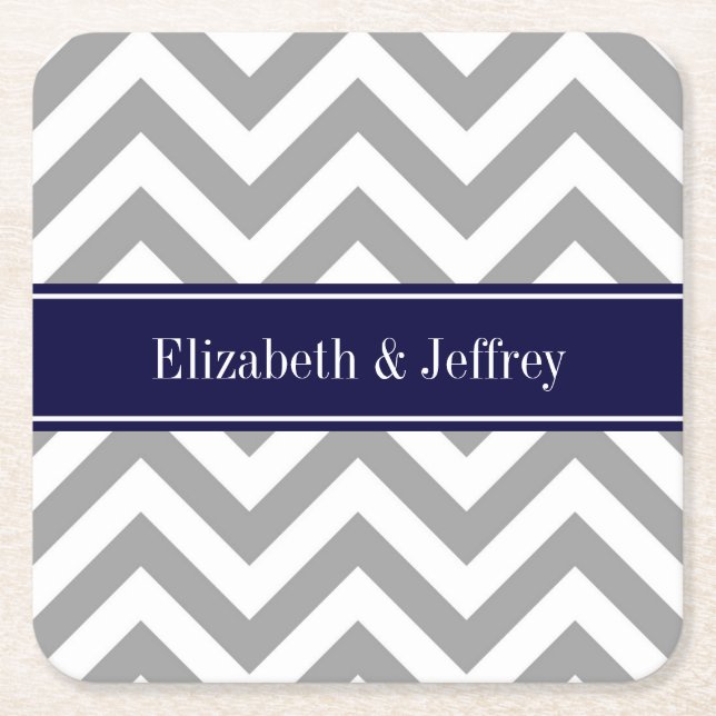 Dark Grey Lg Chevron Navy Blue Name Monogram Square Paper Coaster (Front)