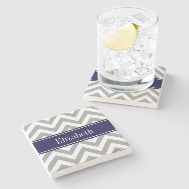 Dark Grey Lg Chevron Navy Blue Name Monogram Stone Coaster (Side)