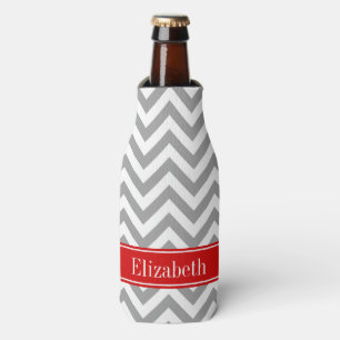Dark Grey Lg Chevron Red Name Monogram Bottle Cooler