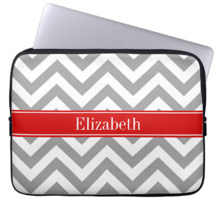 Dark Grey Lg Chevron Red Name Monogram Laptop Sleeve