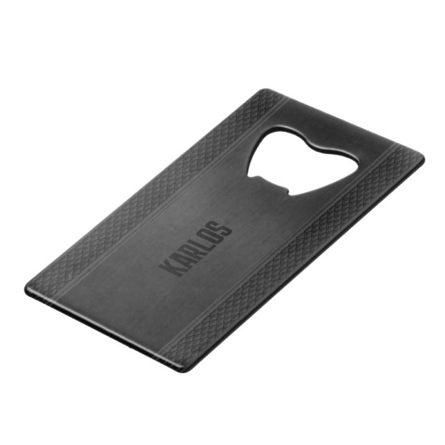 Dark-grey metallic texture credit card bottle opener (Back Angled)