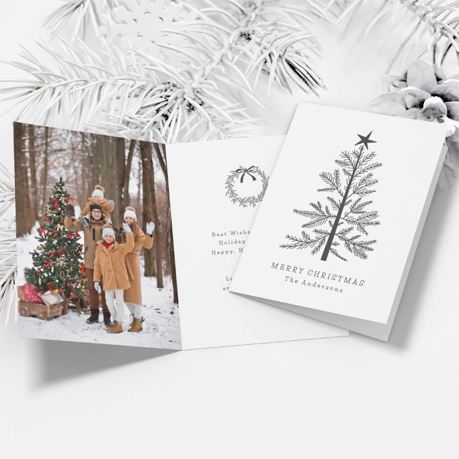 Dark Grey Minimal Christmas Pine Tree Photo Folded Holiday Card (Front & Inside)