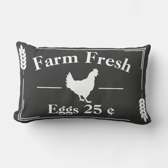 Dark Grey Modern Farmhouse Farm Fresh Eggs Hen Lumbar Pillow (Front)