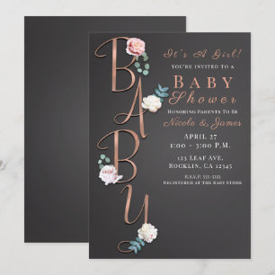 Dark Grey Modern Floral Baby Shower Typography Invitation