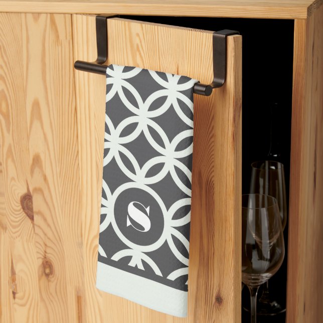 Dark Grey Modern Geometric Pattern Monogram  Kitchen Towel (Thirds Fold)