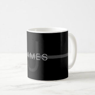 Dark Grey Monogram, Name & Geometric Stripe Coffee Mug