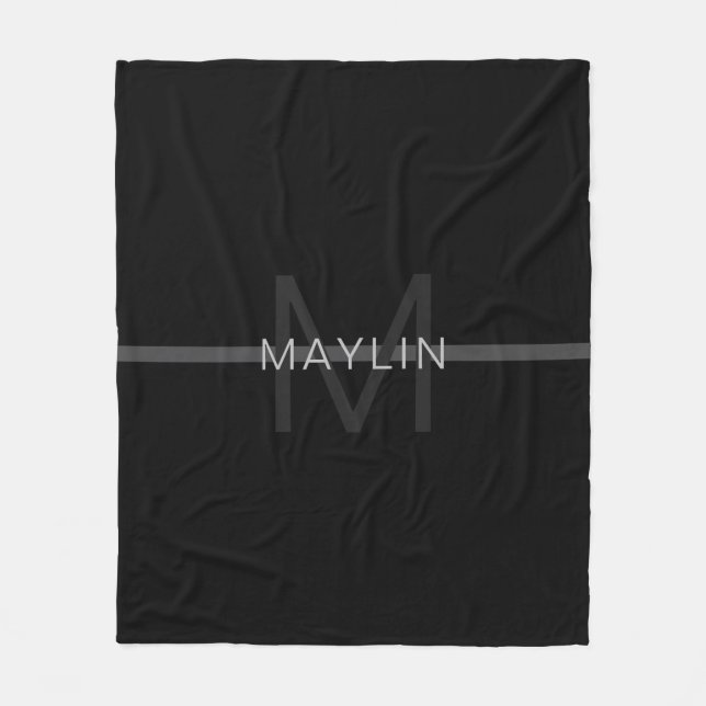 Dark Grey Monogram, Name & Geometric Stripe Fleece Blanket (Front)