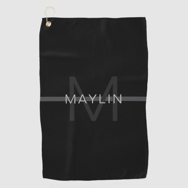 Dark Grey Monogram, Name & Geometric Stripe Golf Towel (Front)