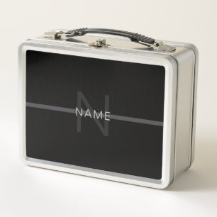 Dark Grey Monogram, Name & Geometric Stripe Metal Lunch Box