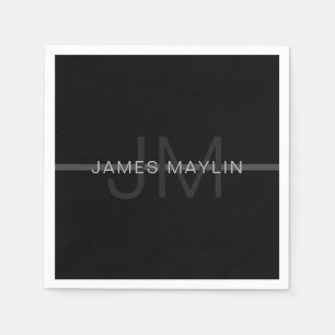 Dark Grey Monogram, Name & Geometric Stripe Napkin