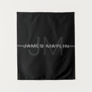 Dark Grey Monogram, Name & Geometric Stripe Tapestry