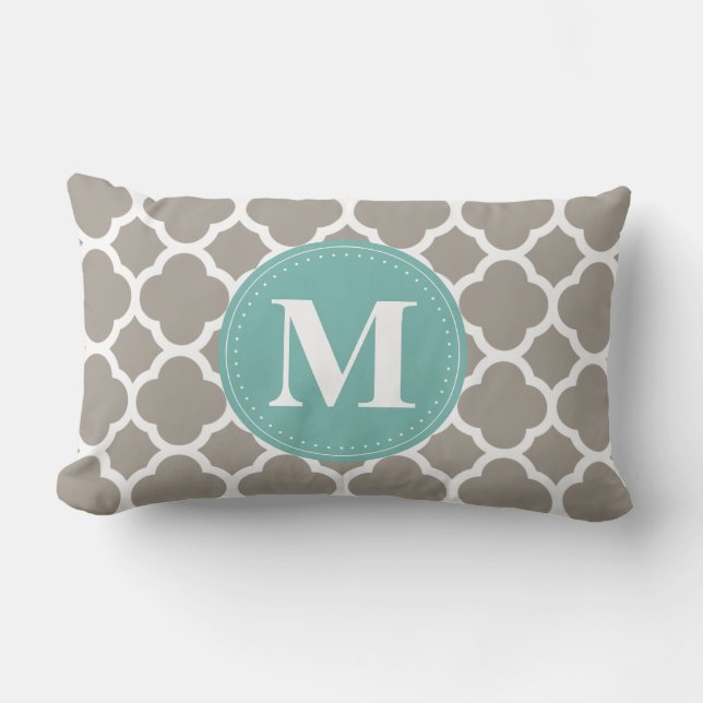Dark Grey Monogram Pink Quatrefoil Pattern Lumbar Pillow (Front)