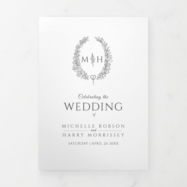 Dark grey monogram wreath story dedication wedding Tri-Fold programme (Cover)