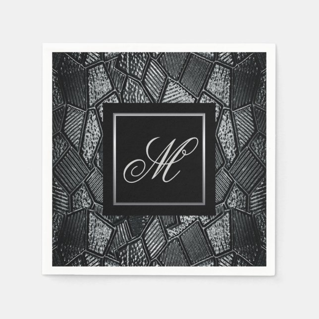Dark Grey Mosaic Glass Monogram Paper Napkins (Front)