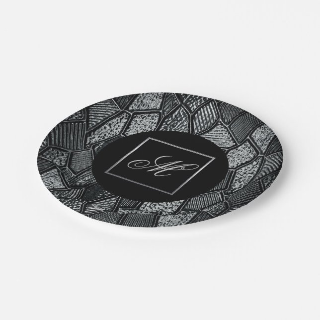 Dark Grey Mosaic Glass Monogram Paper Plates (Angled)