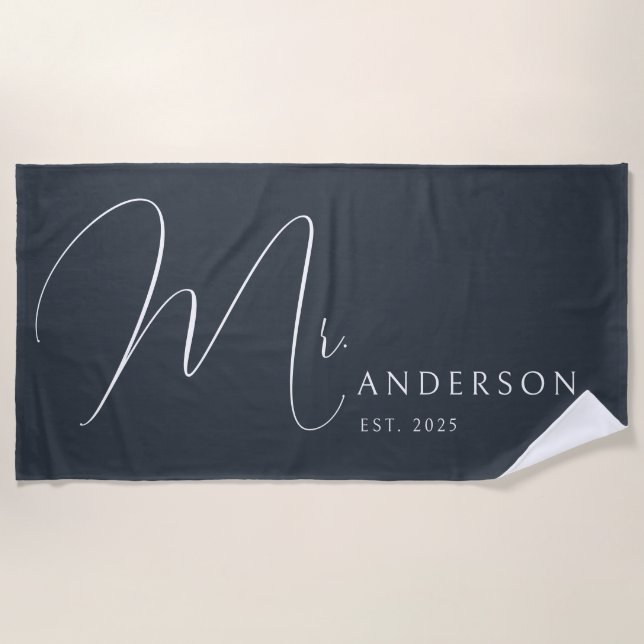 Dark Grey Newlyweds Mr Name Personalized Honeymoon Beach Towel (Front)