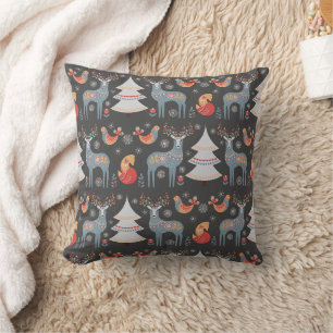 Dark Grey Nordic Reindeer Christmas Floral Tree Throw Pillow