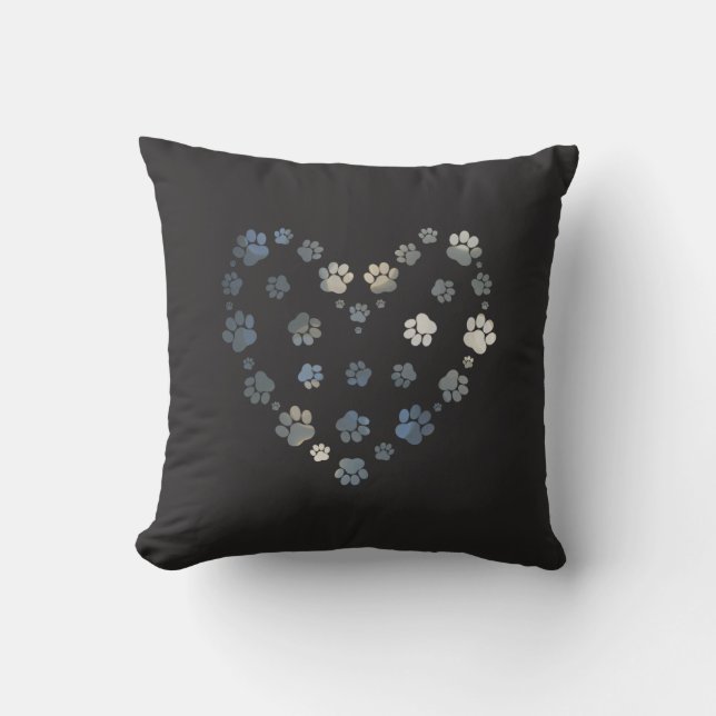 Dark Grey Paw Heart Cute Chic Throw Pillow (Front)