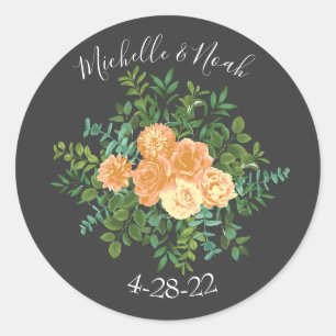 Dark Grey Peach Wedding Modern Floral Classic Round Sticker