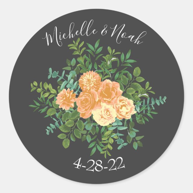 Dark Grey Peach Wedding Modern Floral Classic Round Sticker (Front)