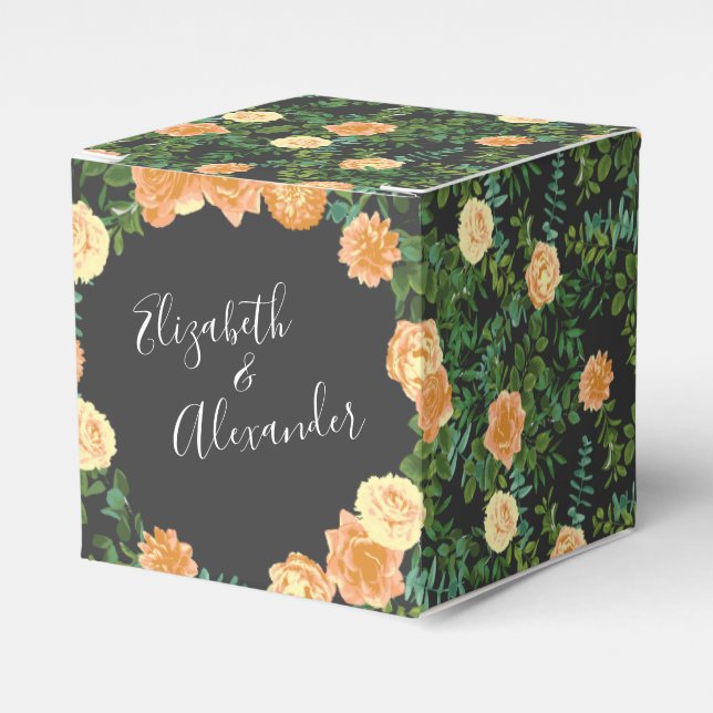 Dark Grey Peach Wedding Modern Floral Favor Box (Front Side)