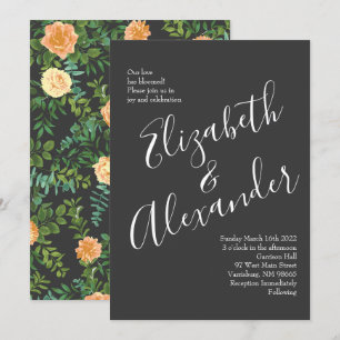 Dark Grey Peach Wedding Modern Floral Invitation