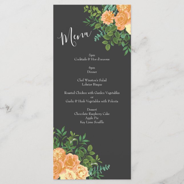 Dark Grey Peach Wedding Modern Floral Menu (Front)