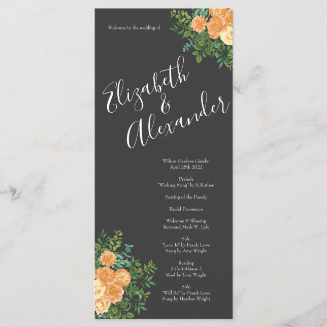 Dark Grey Peach Wedding Modern Floral Menu (Front)
