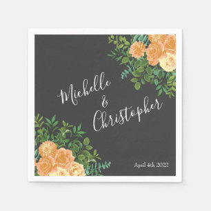 Dark Grey Peach Wedding Modern Floral Napkin