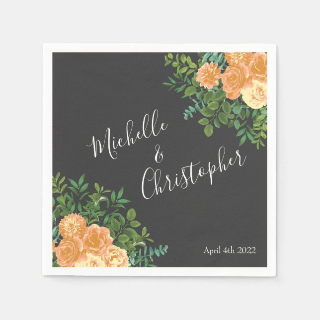 Dark Grey Peach Wedding Modern Floral Napkin (Front)