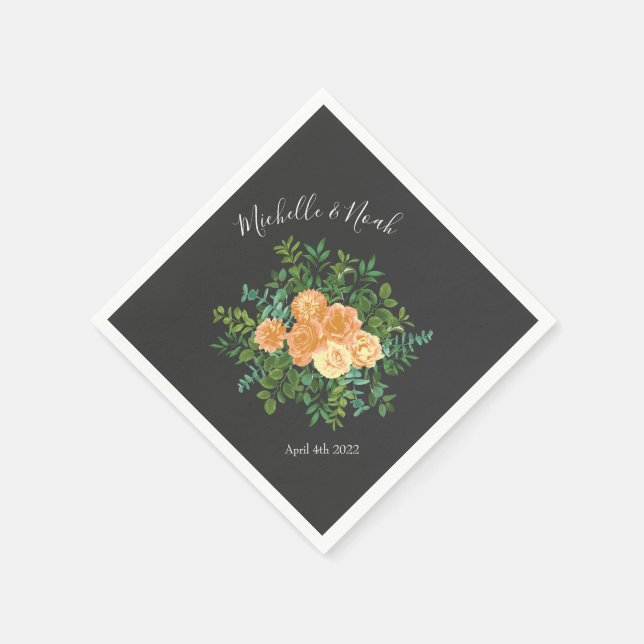 Dark Grey Peach Wedding Modern Floral Napkin (Corner)