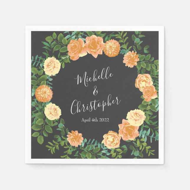 Dark Grey Peach Wedding Modern Floral Napkin (Front)