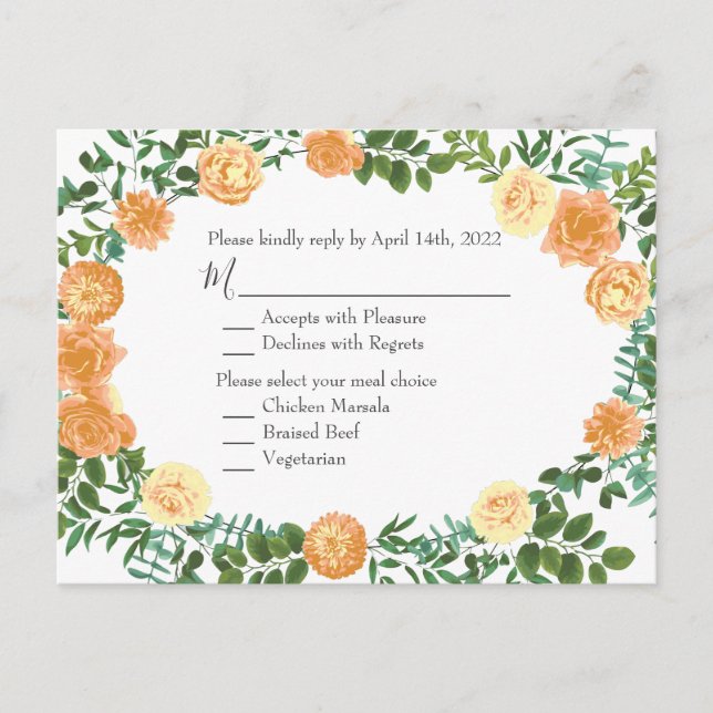 Dark Grey Peach Wedding Modern Floral Postcard (Front)