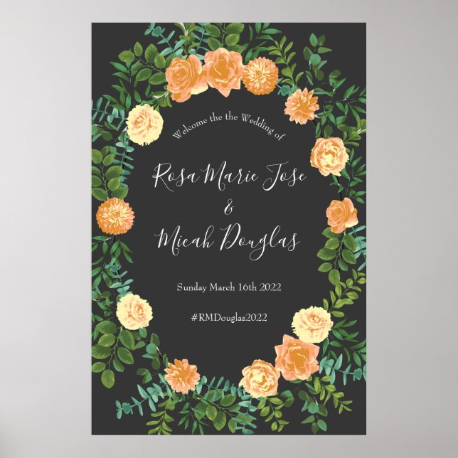 Dark Grey Peach Wedding Modern Floral Poster (Front)