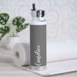 Dark Grey Personalized Wedding Bridesmaid Water Bottle<br><div class="desc">Gift your wedding bridesmaid or maid of honour with this trendy, vacuum Insulated water bottle that features her name in white, stylized script on a dark grey colour background designed to match your wedding colour scheme. Personalize bottle by editing and replacing name with your own as desired. Select your water...</div>